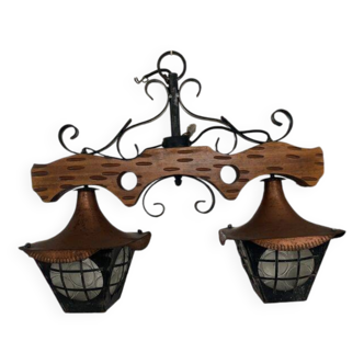 Antique cellar chandelier in wrought iron / wood / glass and vintage copper sheet metal