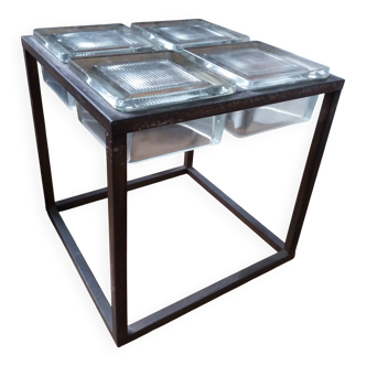 Table d'appoint, bout de canapé en verre Saint Gobain et fer