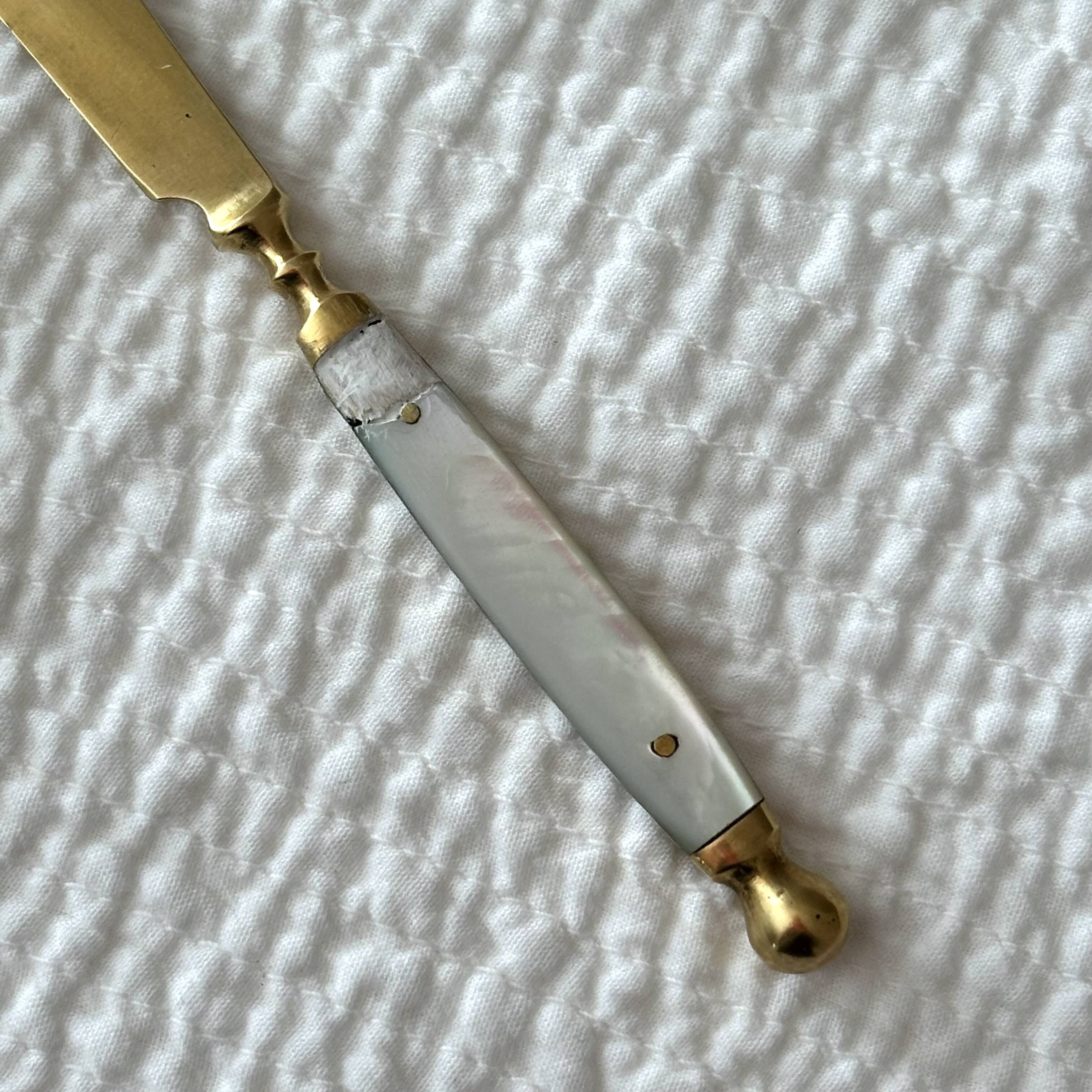 Antique Fruit Cutlery Set for 6 · Brass & Mother-of-Pearl · Original Box