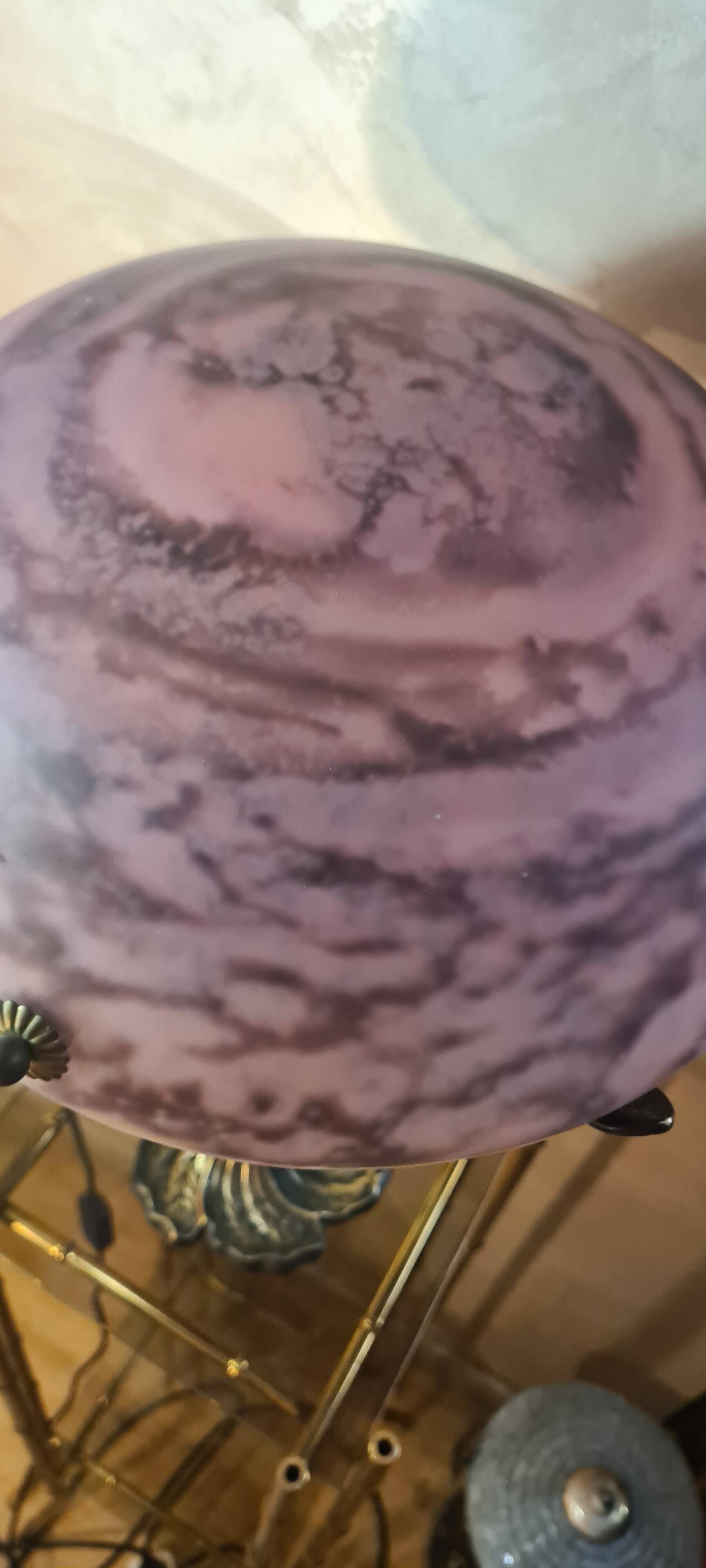 Art nouveau style bronze lamp and its marbled glass paste basin 48x30