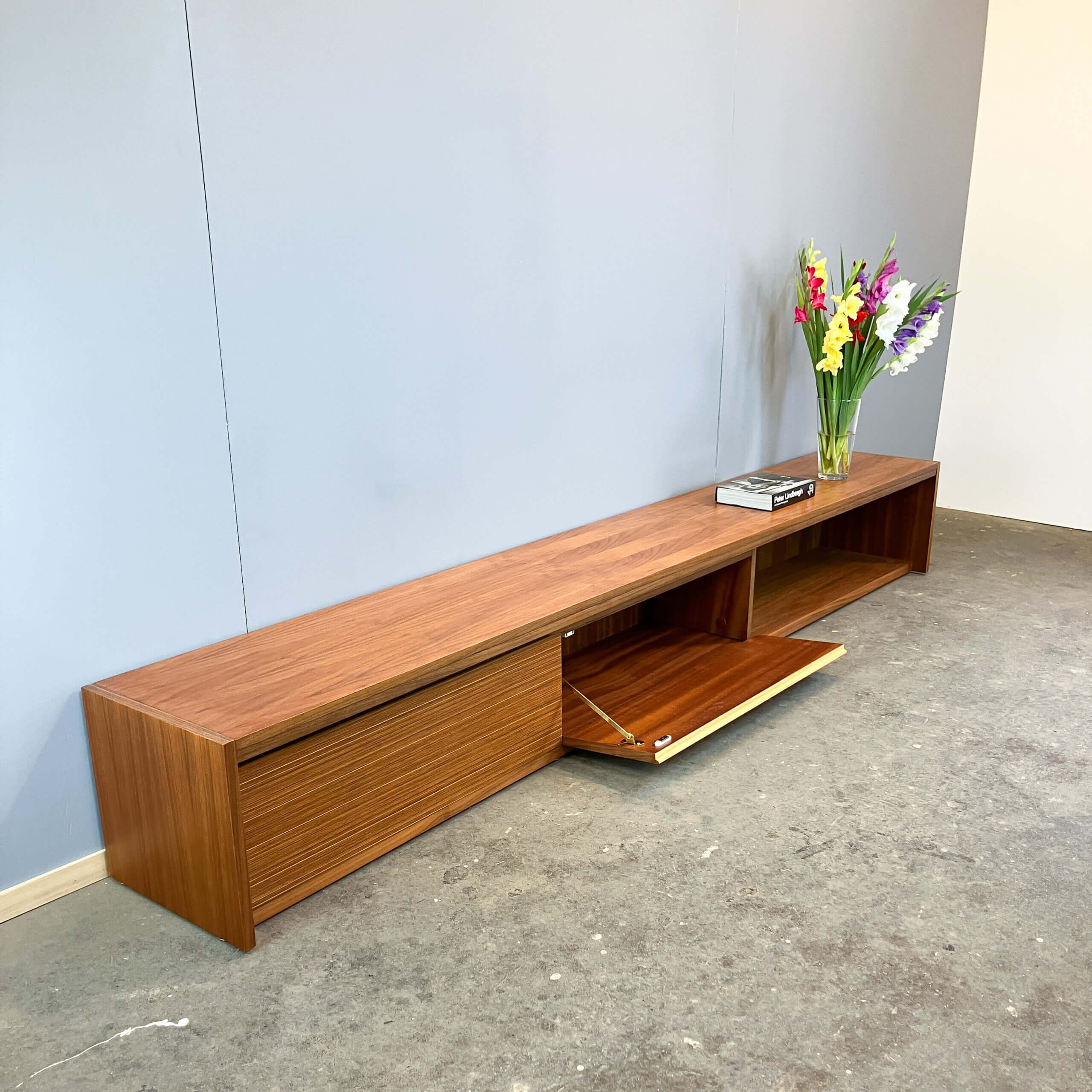 Minimalist XL lowboard, walnut and zebrano, 1960s