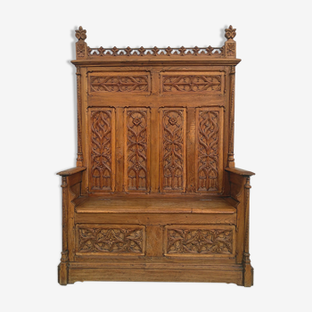 Gothic chest bench 19th in oak