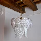 Lustre "Feuilles" 2 niveaux, verre givré,  Murano Mazzega,  italie 1960