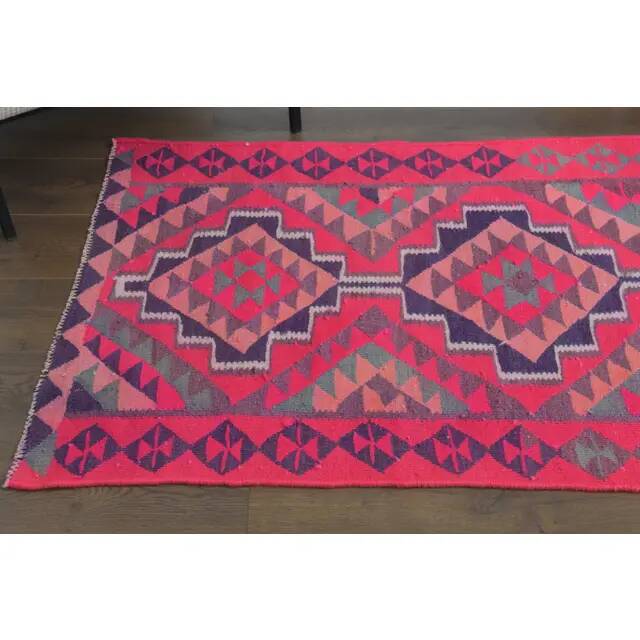 1970s Vintage Turkish Hand-Knotted Wool Cotton Pink Runner Rug 91x312