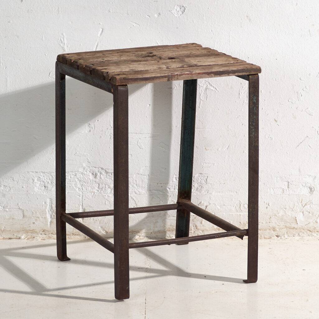 Vintage industrial stool made of pine wood and iron – Central Europe, around 1950