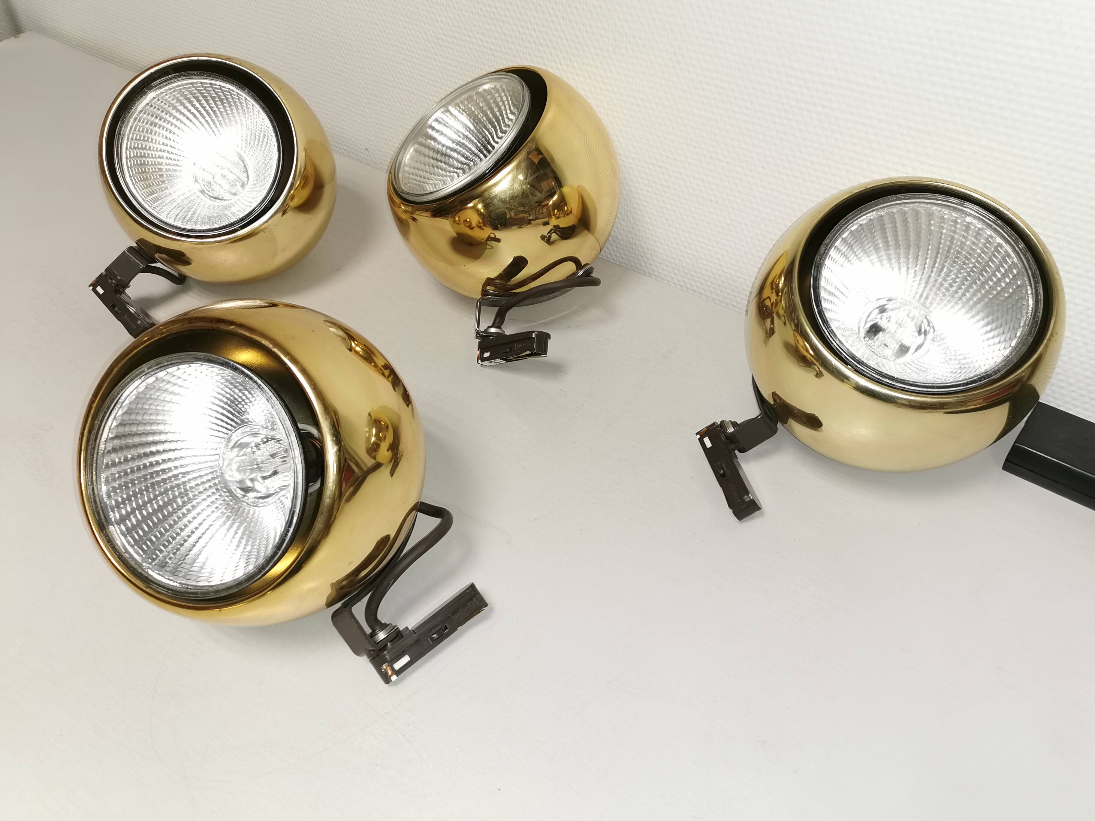 4 large golden ball spots, space age 60 70's. concord wall light on rails