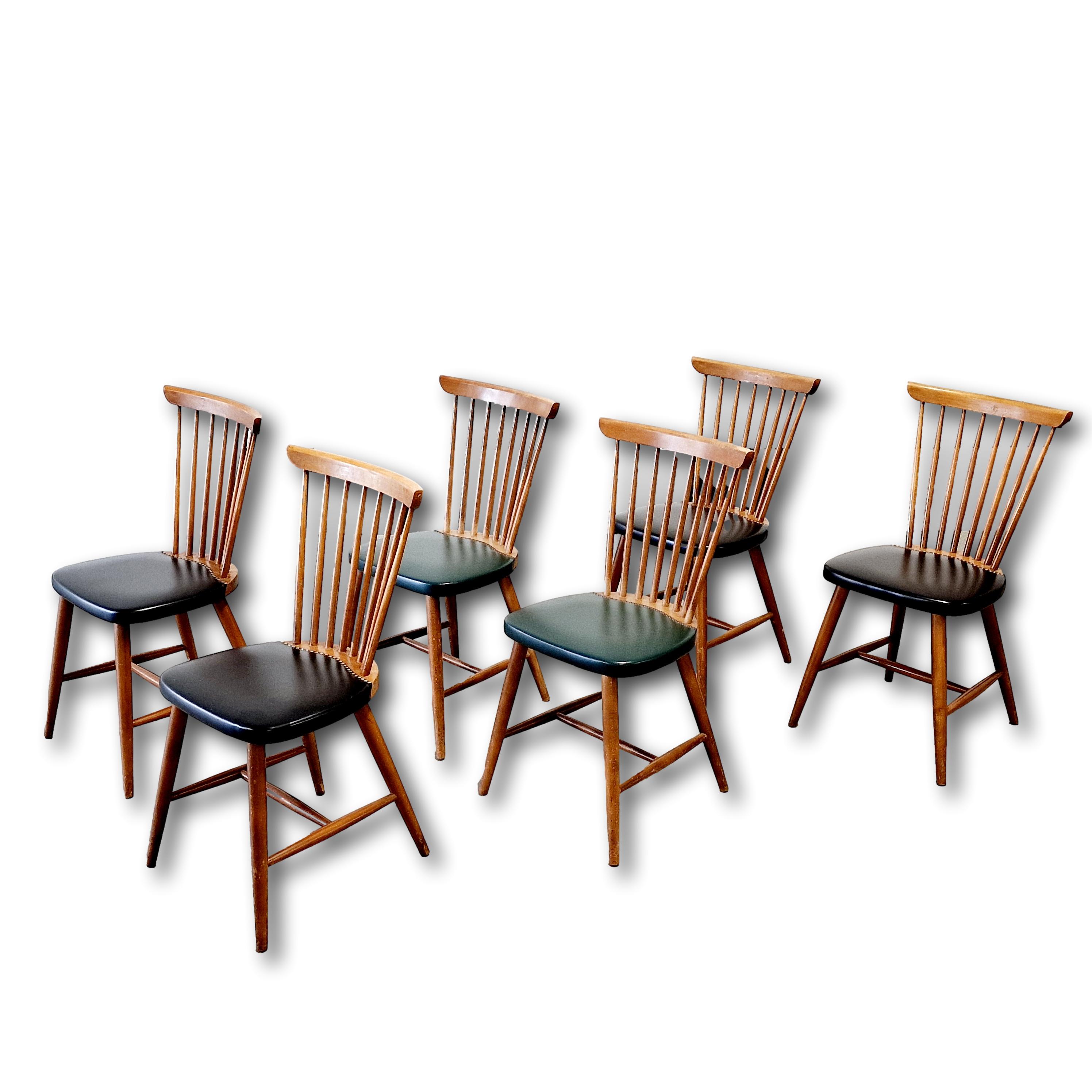 6 scandinavian wood & vinyl chairs, 1960s