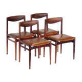 Set of four vintage mid century rosewood dining chairs with cognac leather seats