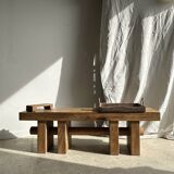 Solid wood bench with openwork base crossed by a cylinder - Mango wood