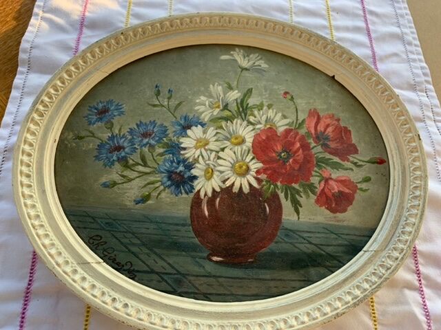 Tableau ancien bouquet de fleurs anémones encadré et signé Ch. Girardin