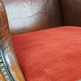 Set of 2 sheep leather wingback chairs with red corduroy seat cushions