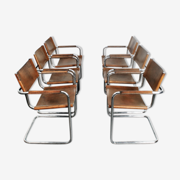 Set of six brown leather cantilever chairs Mart Stam