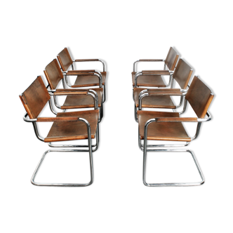 Set of six brown leather cantilever chairs Mart Stam