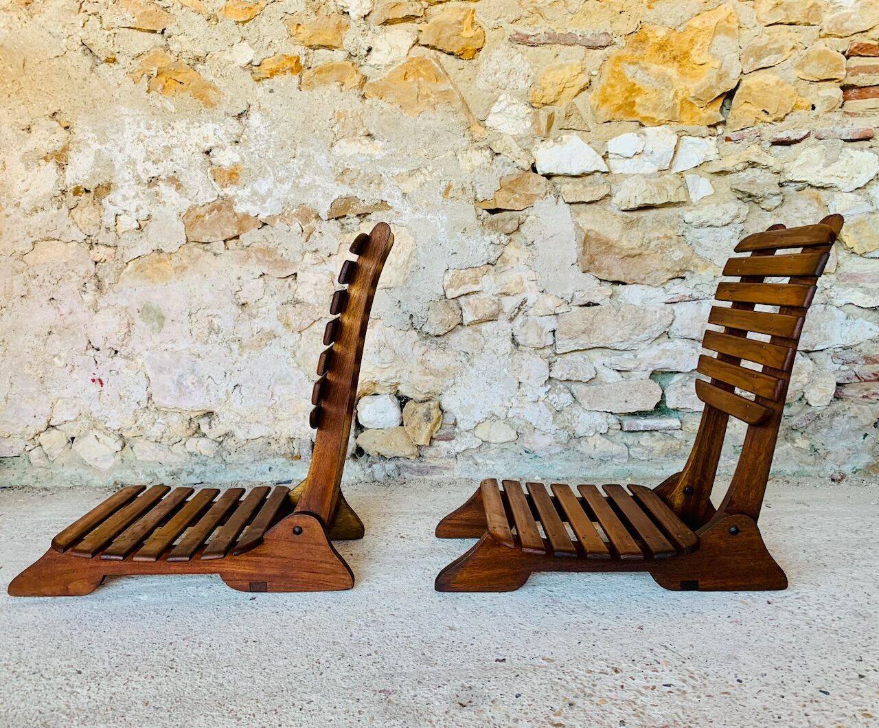 Pair of vintage folding chairs with slats, 1950-1960