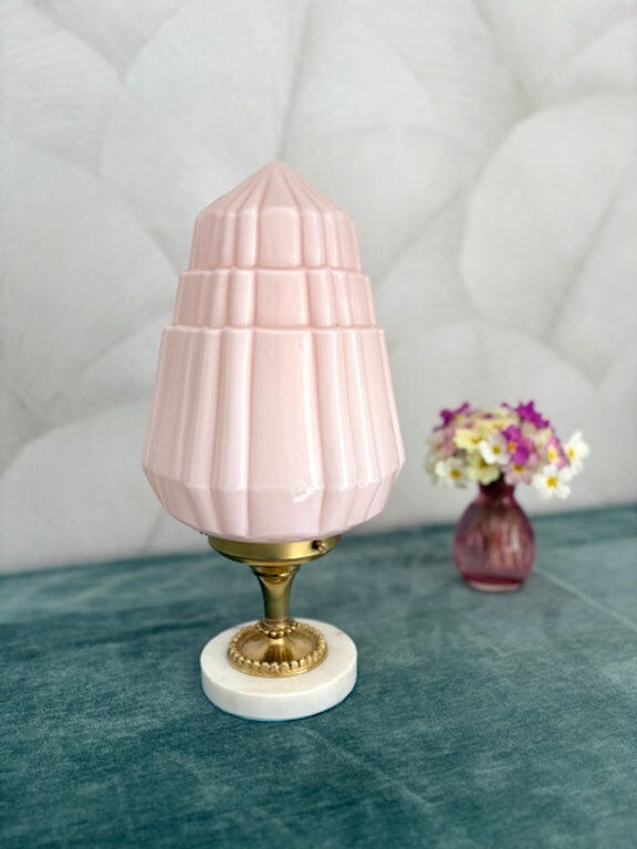 Art Deco lamp with pastel pink opaline globe.