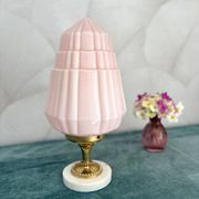 Art Deco lamp with pastel pink opaline globe.