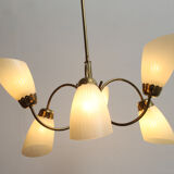 1950s chandelier in brass and glass