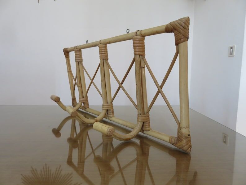 Bamboo rattan coat rack, 3 hooks 70s