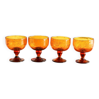 4 amber bubbled blown glass cups