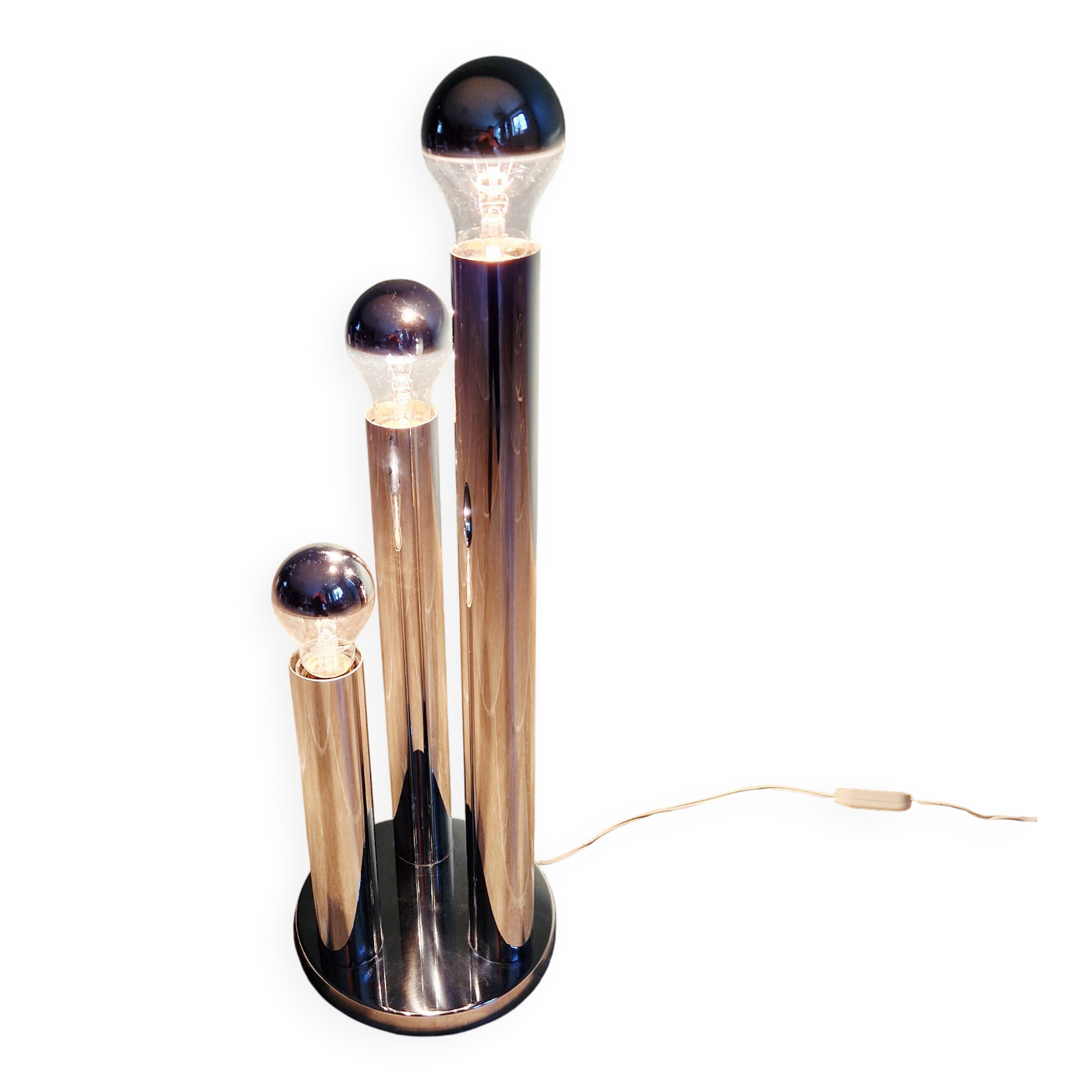Large Space Age table lamp in chrome metal, Gaetano Sciolari, 1970.