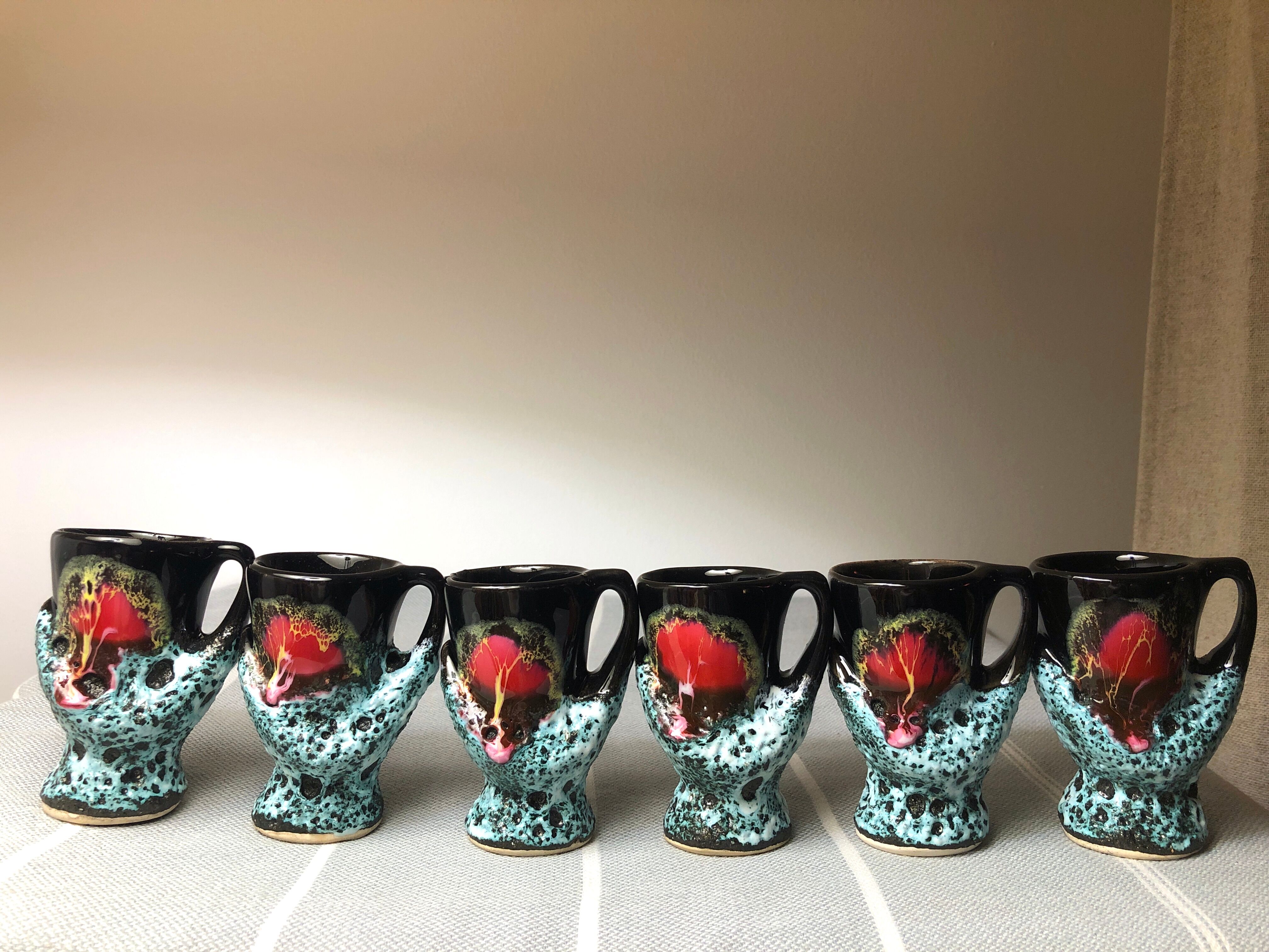 Old coquetiers signed Vallauris Turquoise and Red