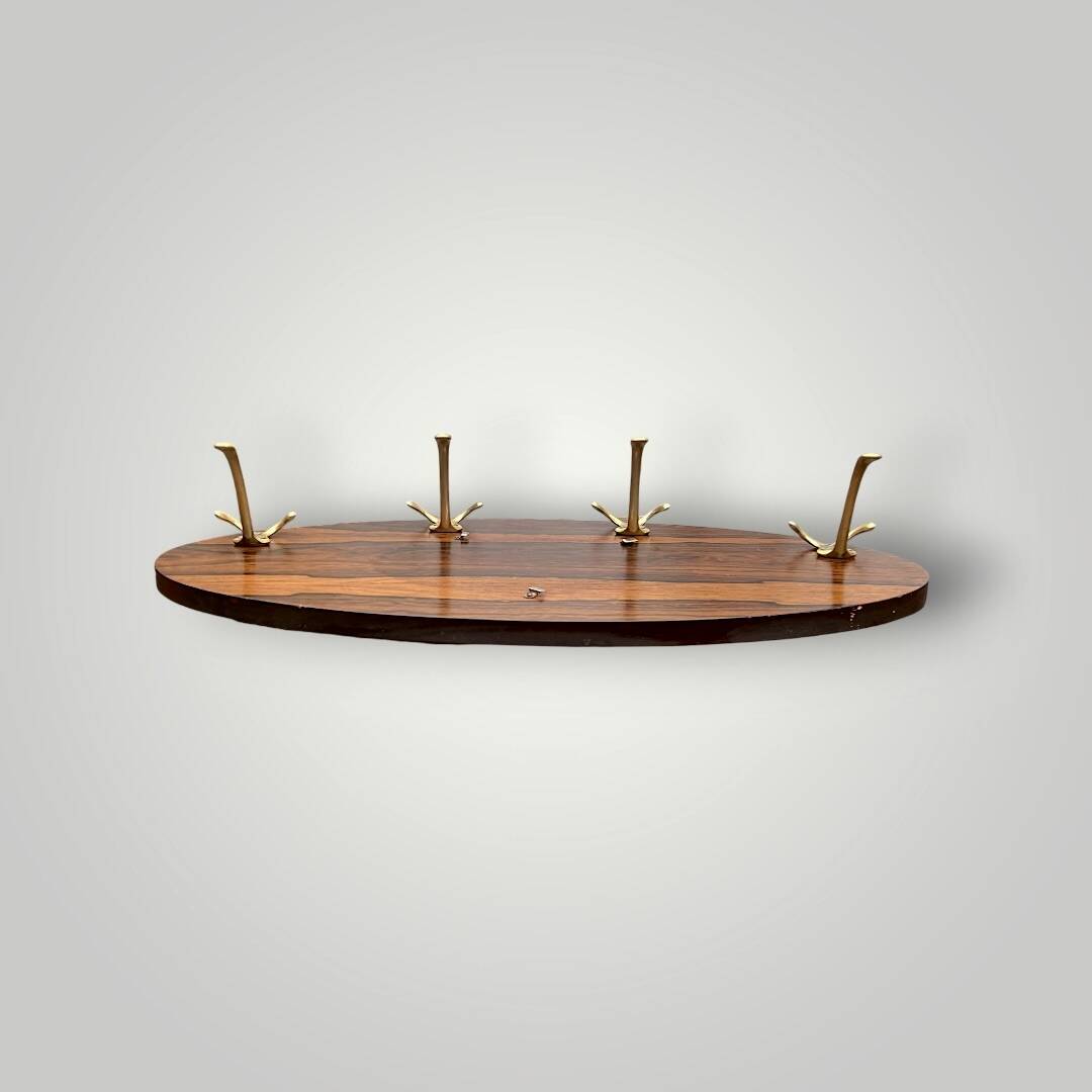 Vintage wall-mounted coat rack in wood and gold-tone aluminum – 1960s