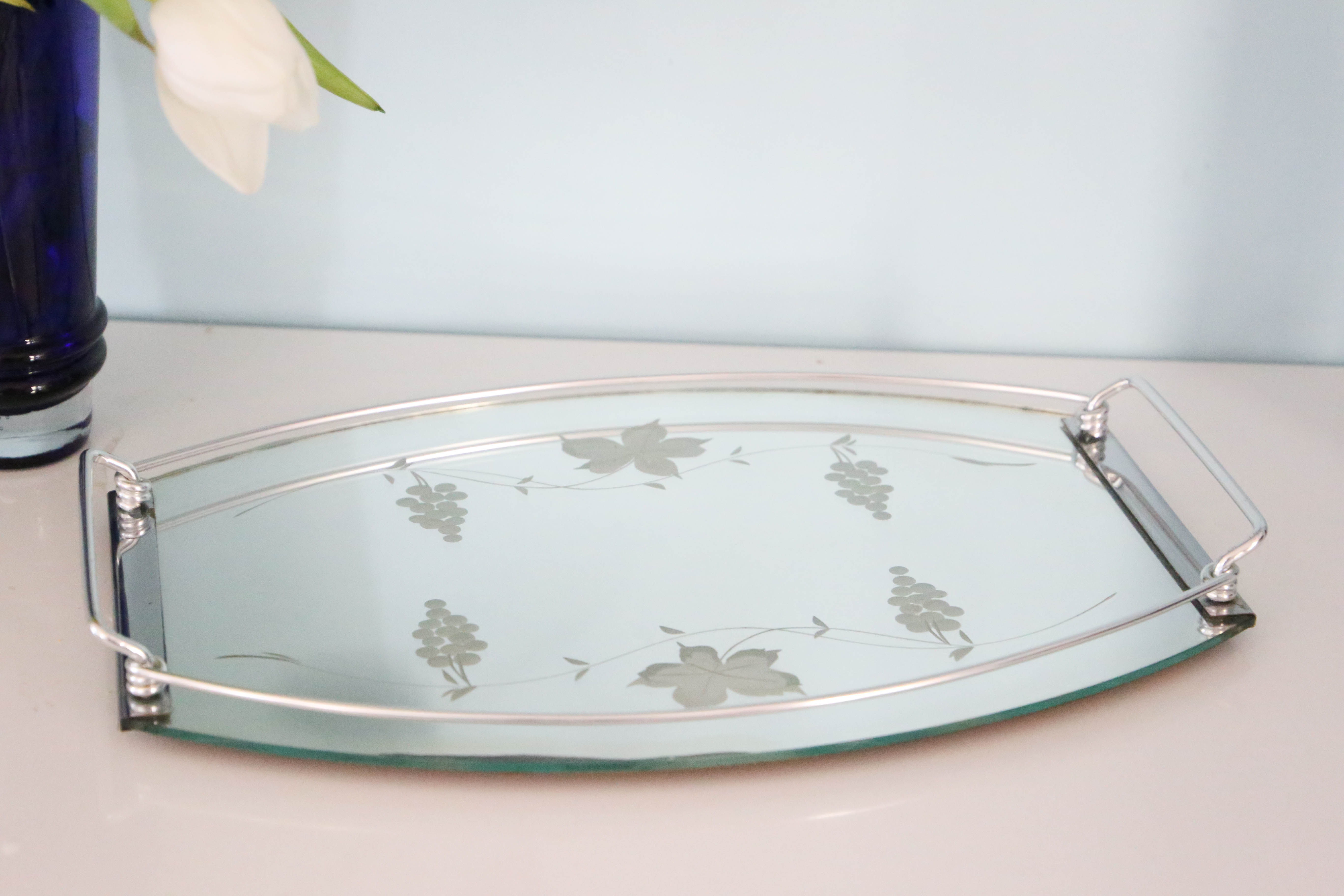 Plateau ovale miroir, années 50, vintage