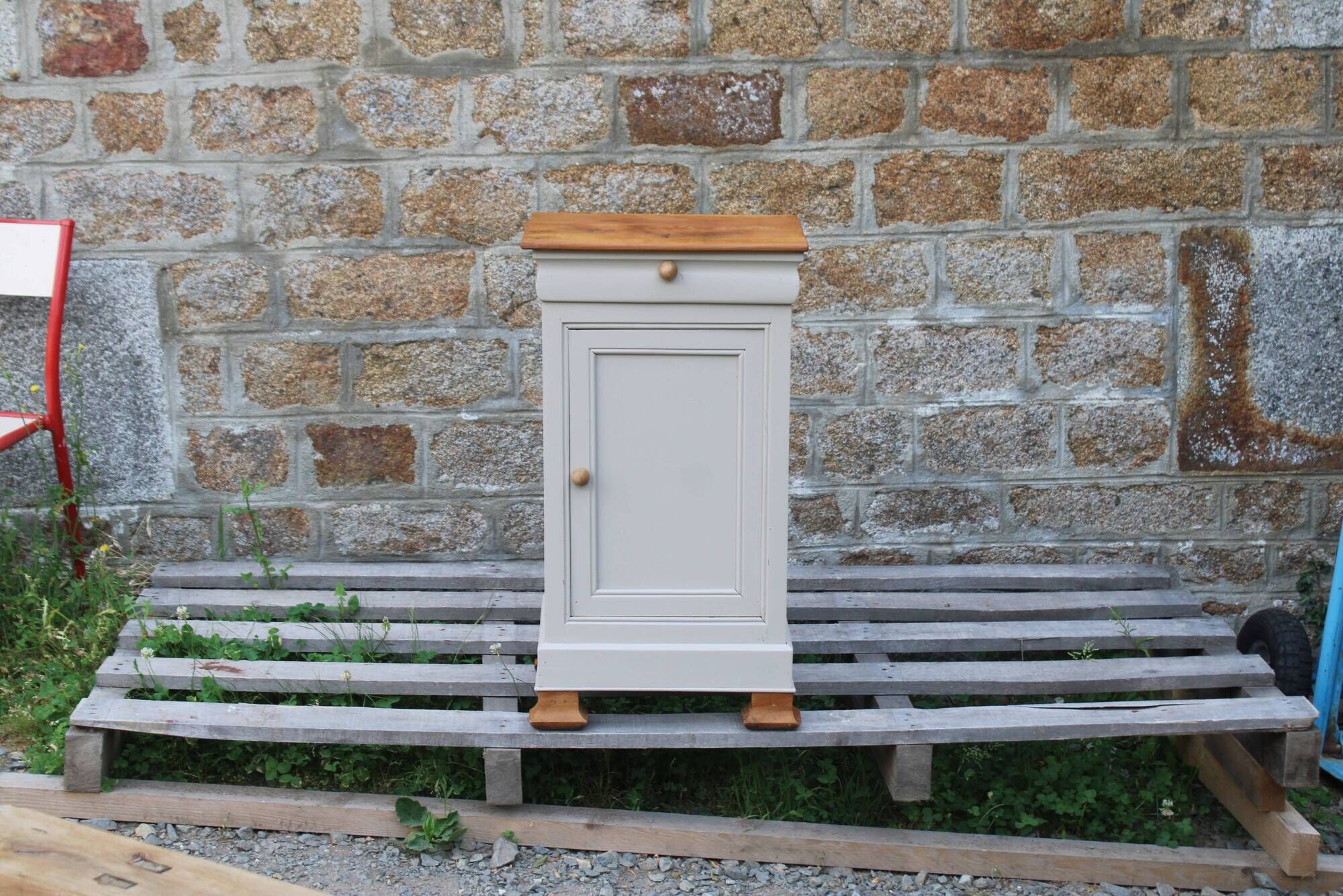 Renovated antique bedside table – Greige Galuchat, wooden top – houseboat style