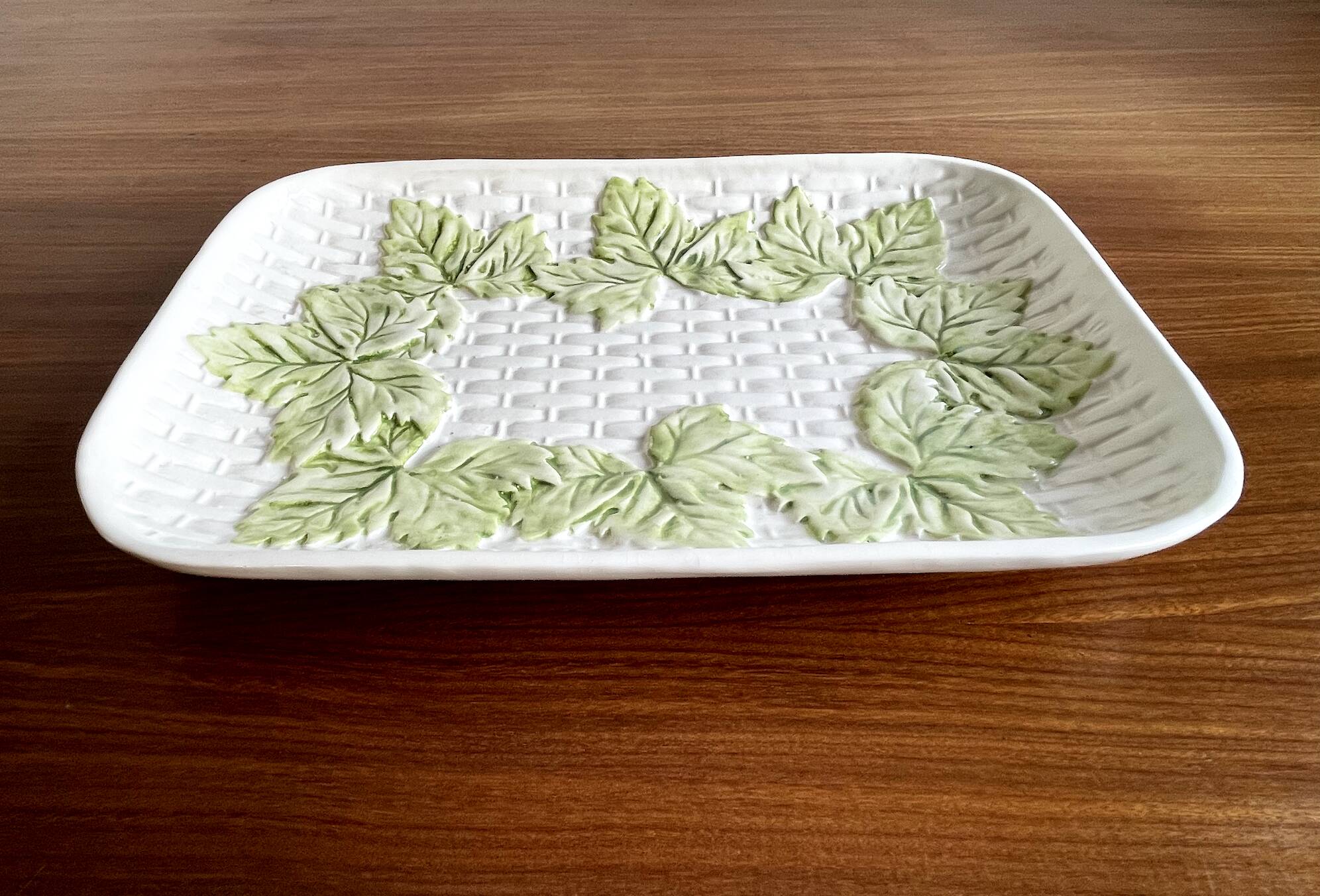 French Barbotine Majolica Serving Platter with Vine Leaf and Basket Weave Motif