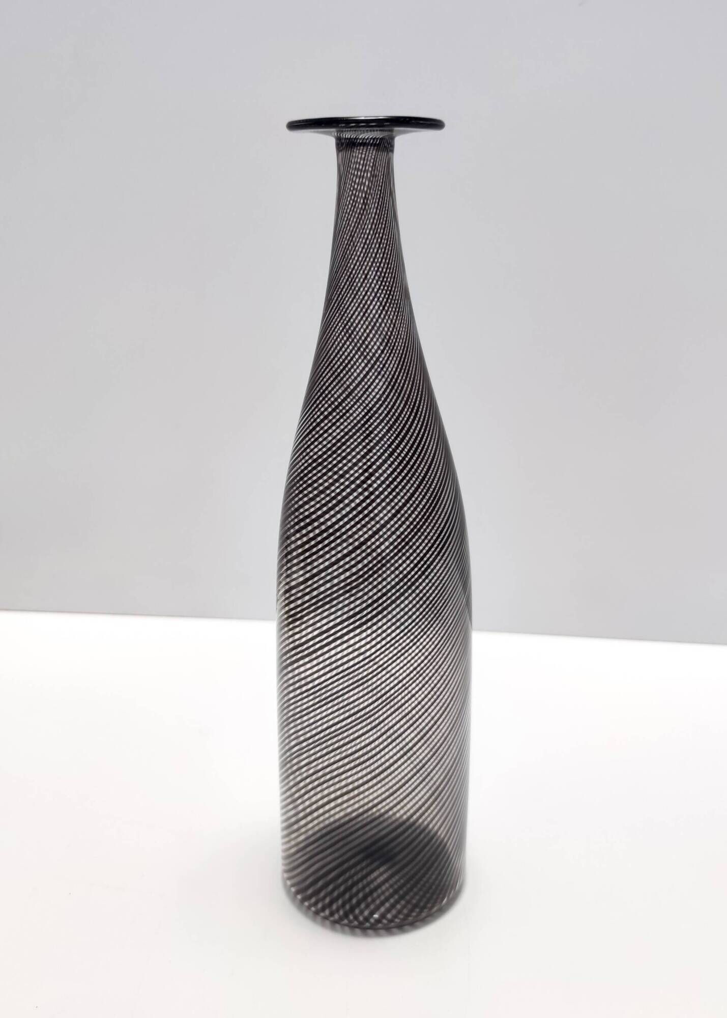 Black Murano Glass Bottle Vase "Mezza Filigrana" by Martens for Aureliano T