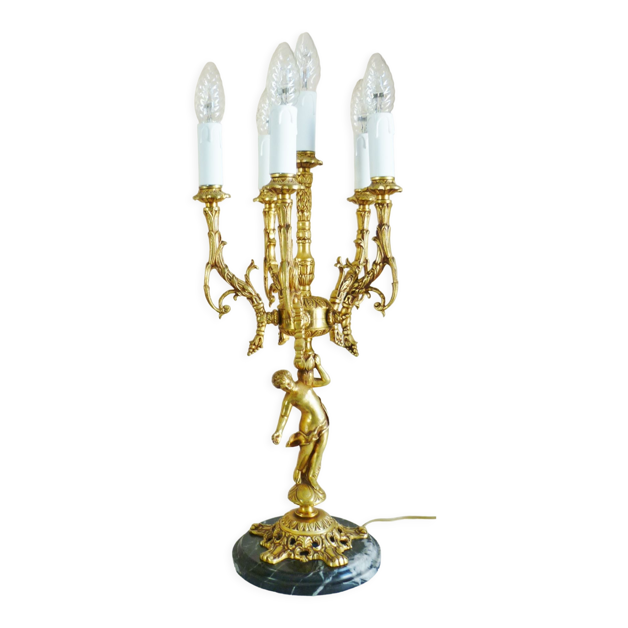 Candelabra, 6-pointed candlestick, marble, bronze, putti decoration, putto