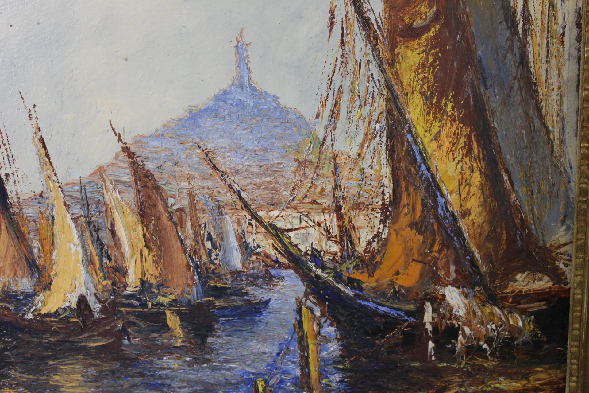 Oil on panel "The Port of Marseille" circa 1950