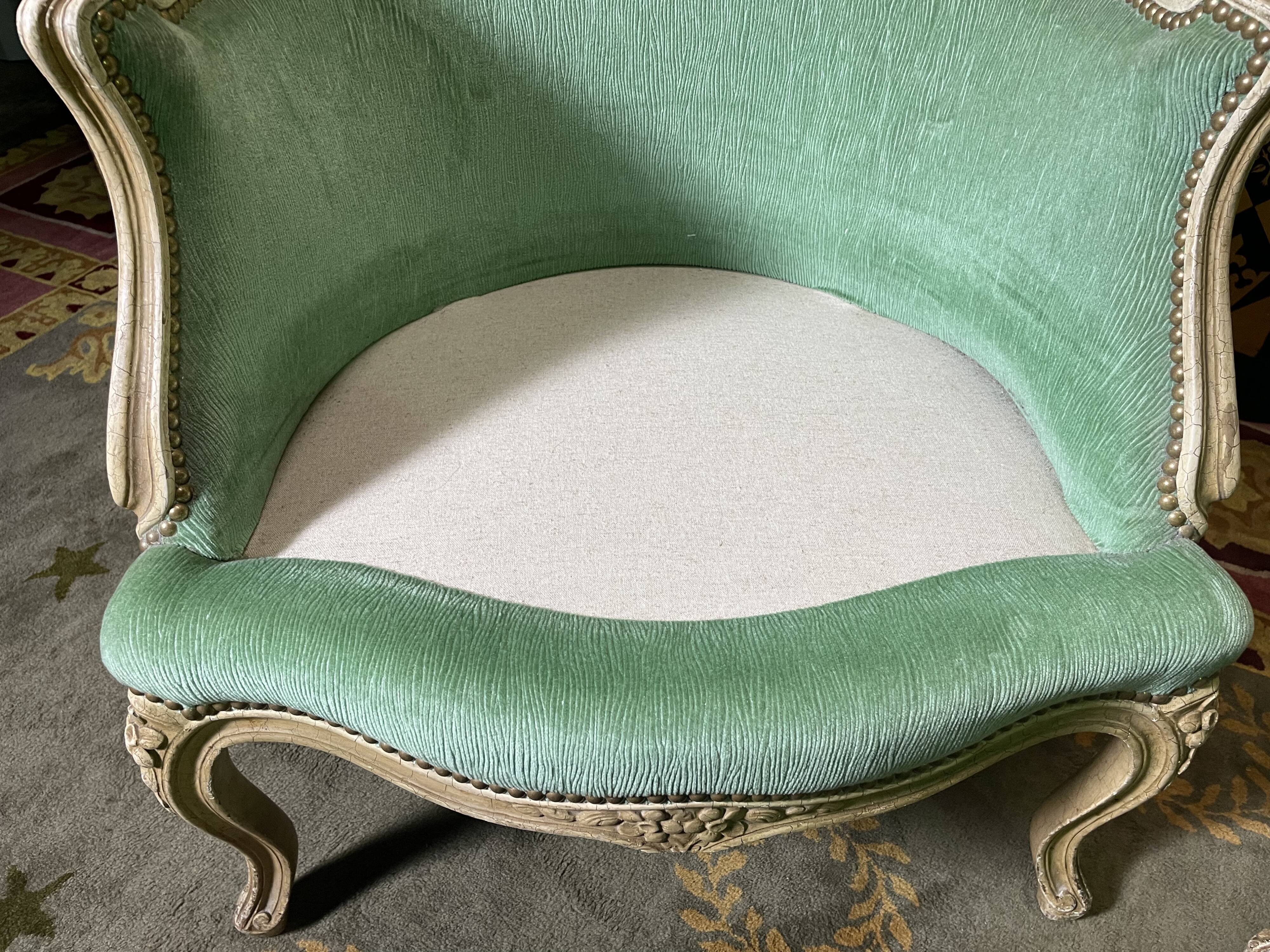 Pair of green Louis XV style bergères armchairs