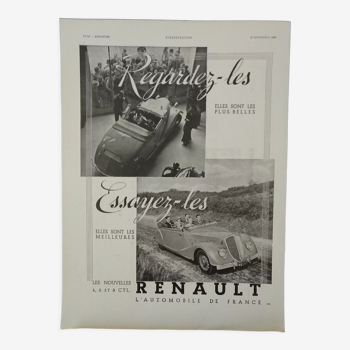 Publicité papier voiture automobile Renault cabriolet issue revue d'époque  année 1935