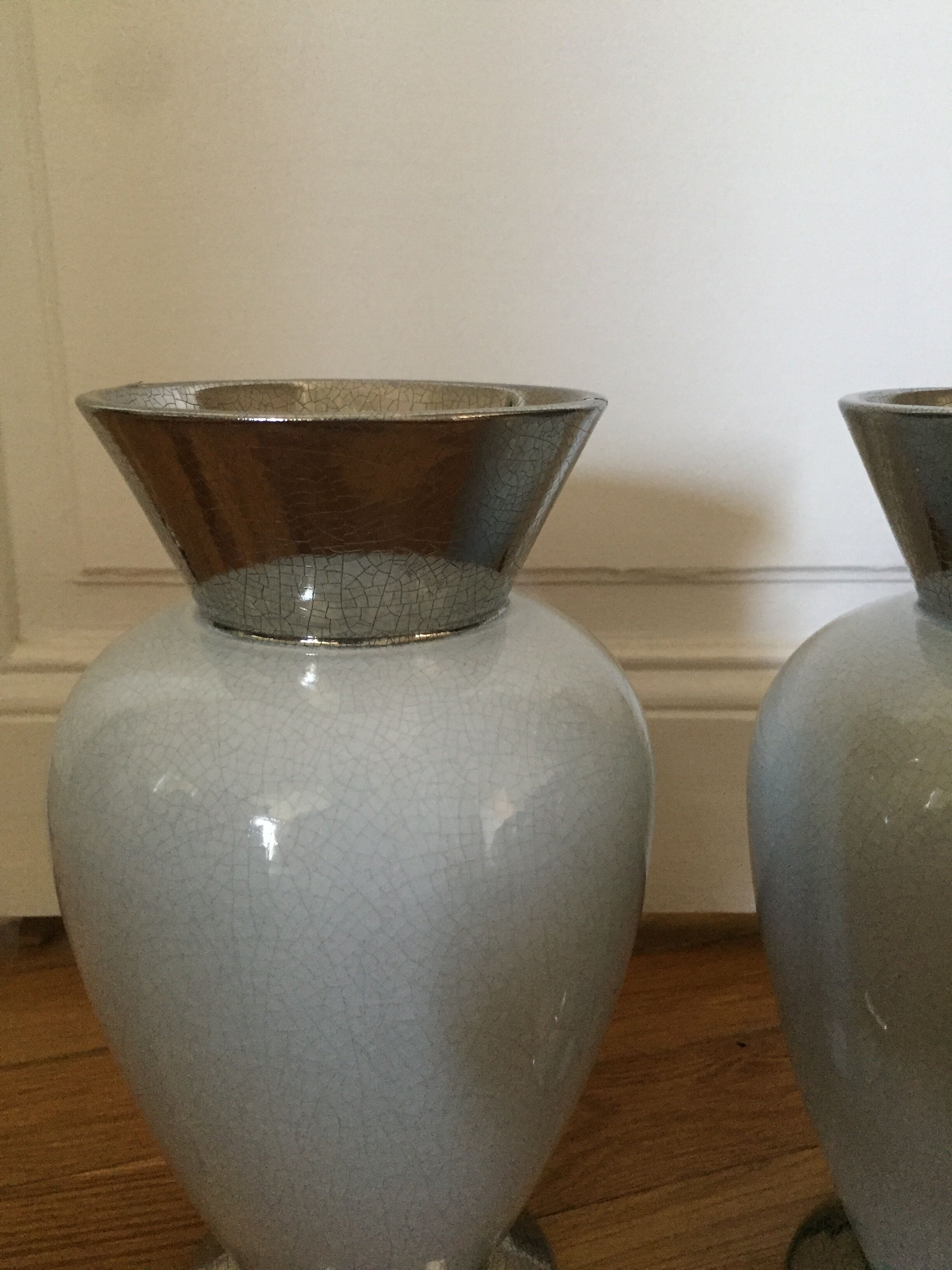Pair of white and silver vases style cracked enamel