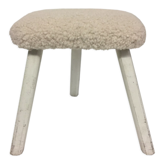 Painted beech stool, "sheep" fabric, Danish 60's