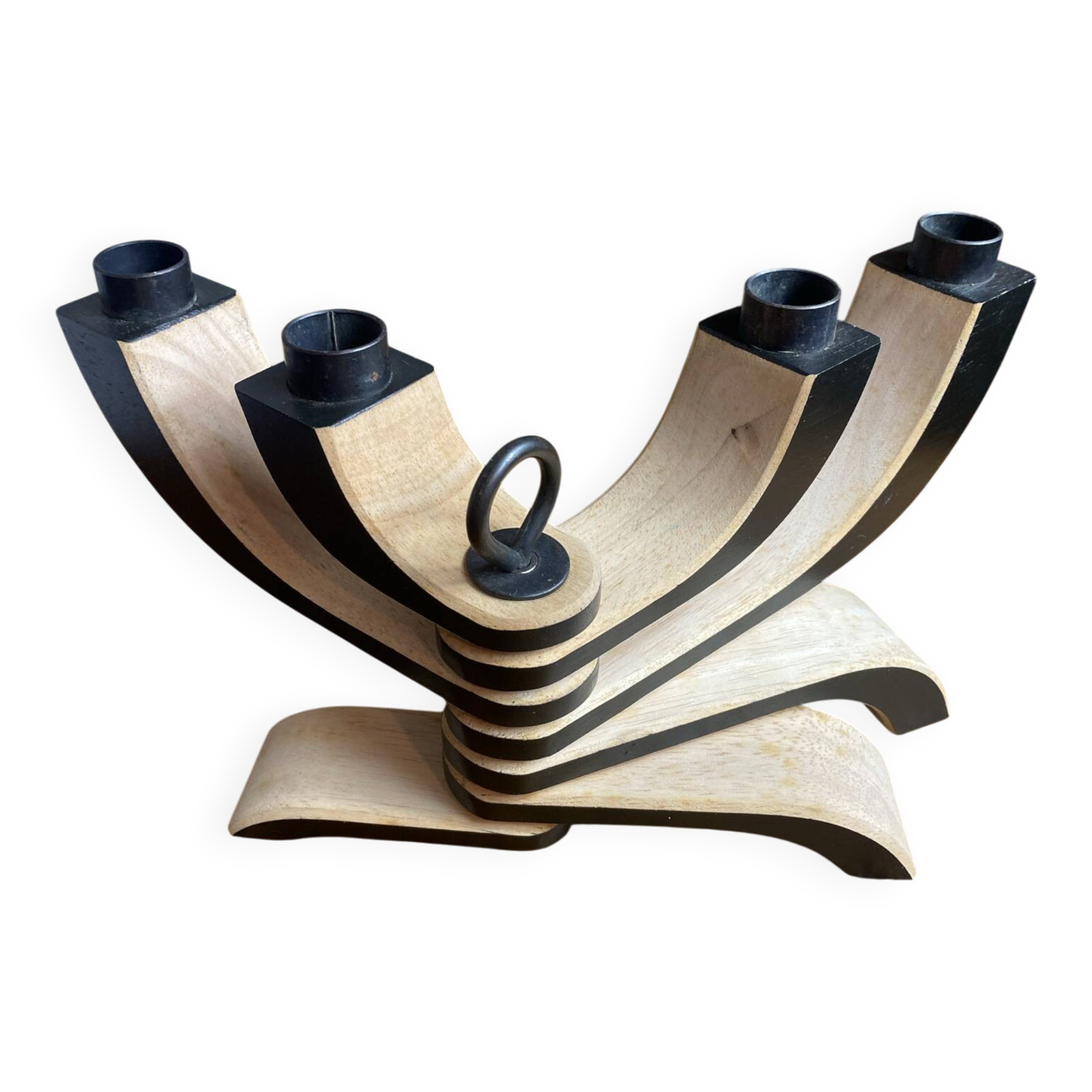 Foldable and deconstructed chandelier, minimalist Swedish design in wood.
