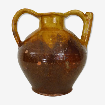 Gargoulette à eau poterie en terre cuite jaune marron vernissé. XIXème