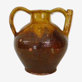 Gargoulette, chevrette, orjol water pitcher pottery in glazed yellow yellow terracotta. XIXth