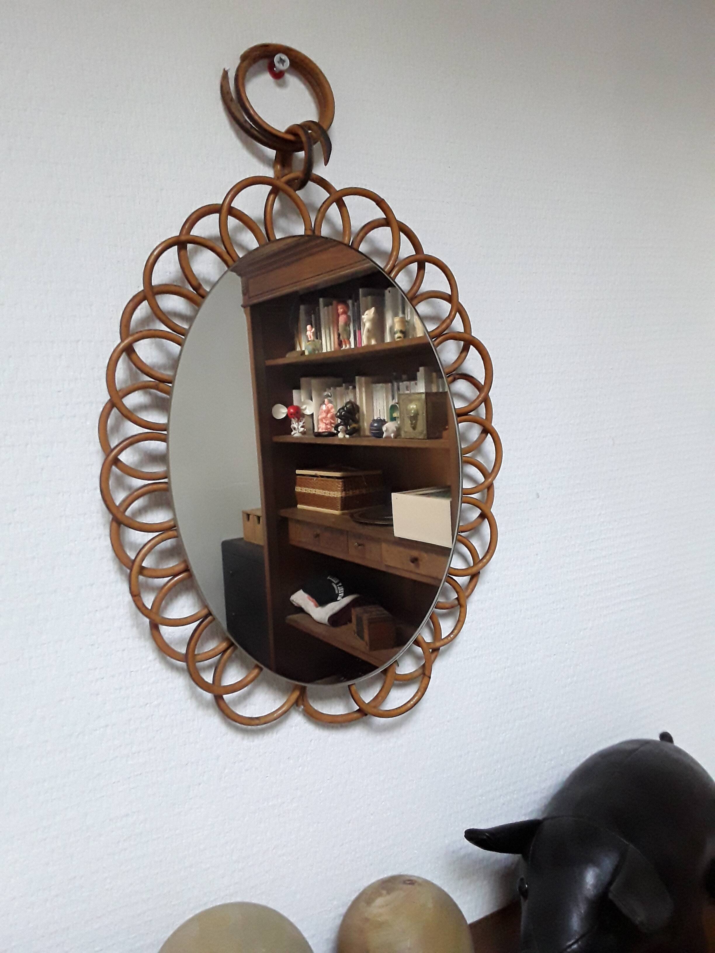 Miroir marguerite vintage en rotin