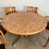 Old inlaid wood table designed by Dieter Waeckerlin Idealheim from the 70s with metal foot