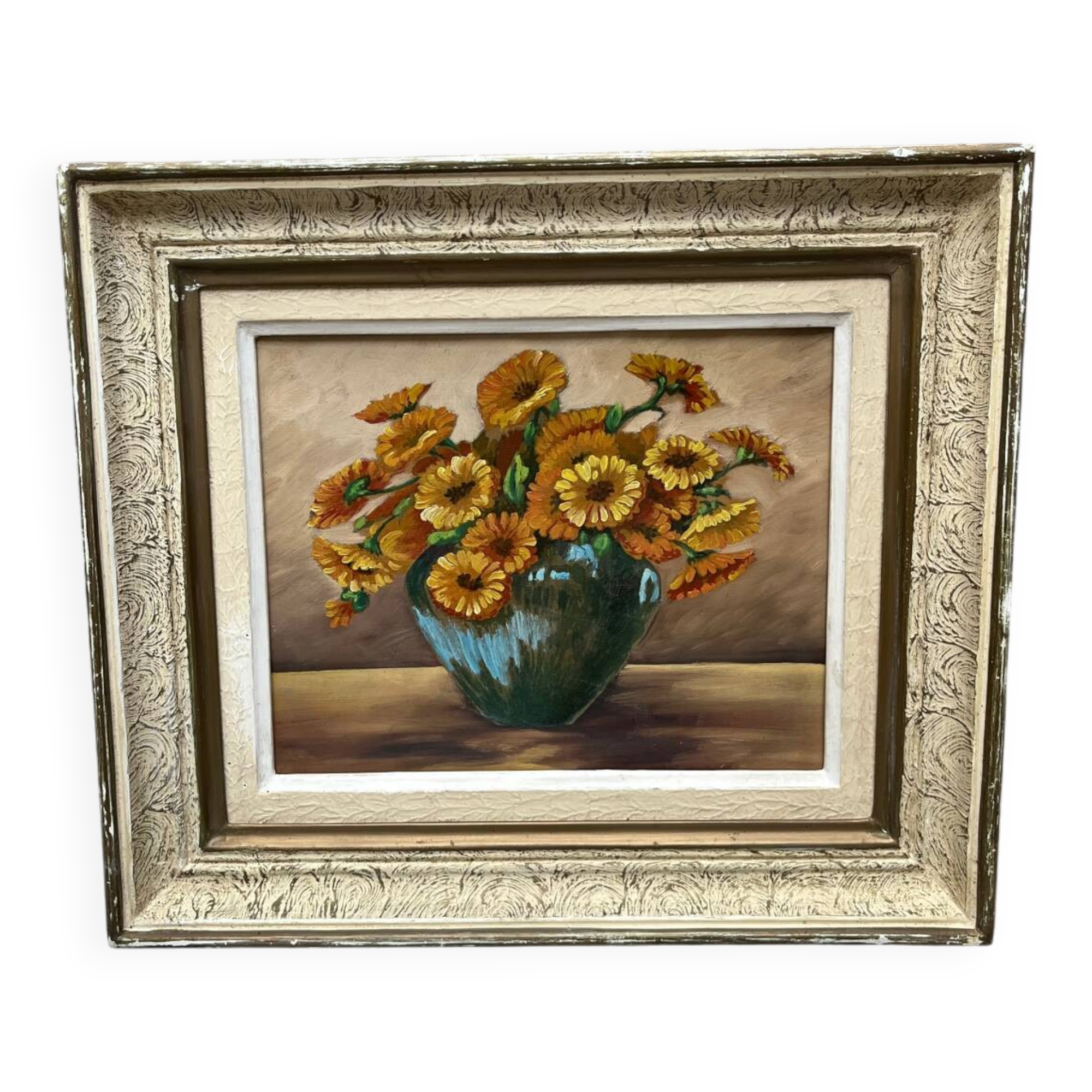 Huile « bouquet fleurs orange » encadrée