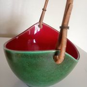 Leon elchinger soufflenheim - panier à fruits céramique rouge vert & anse