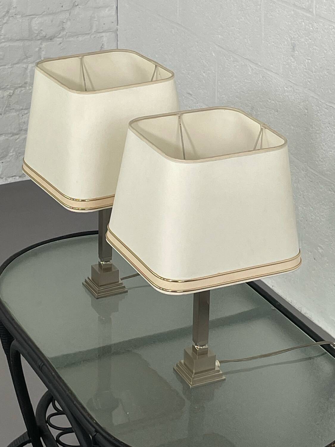 Pair of chrome and brushed metal lamps