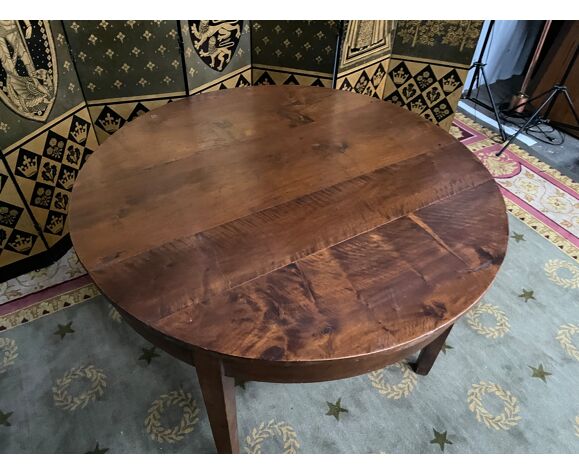 Round walnut farmhouse table with belt