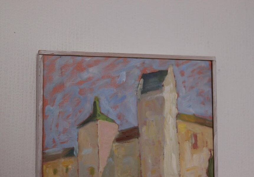 Original Swedish oil on canvas – “Castle” by Karen Heggestad – dated 2002 – vintage & framed – 28 × 33 cm (11.0" × 13.0")