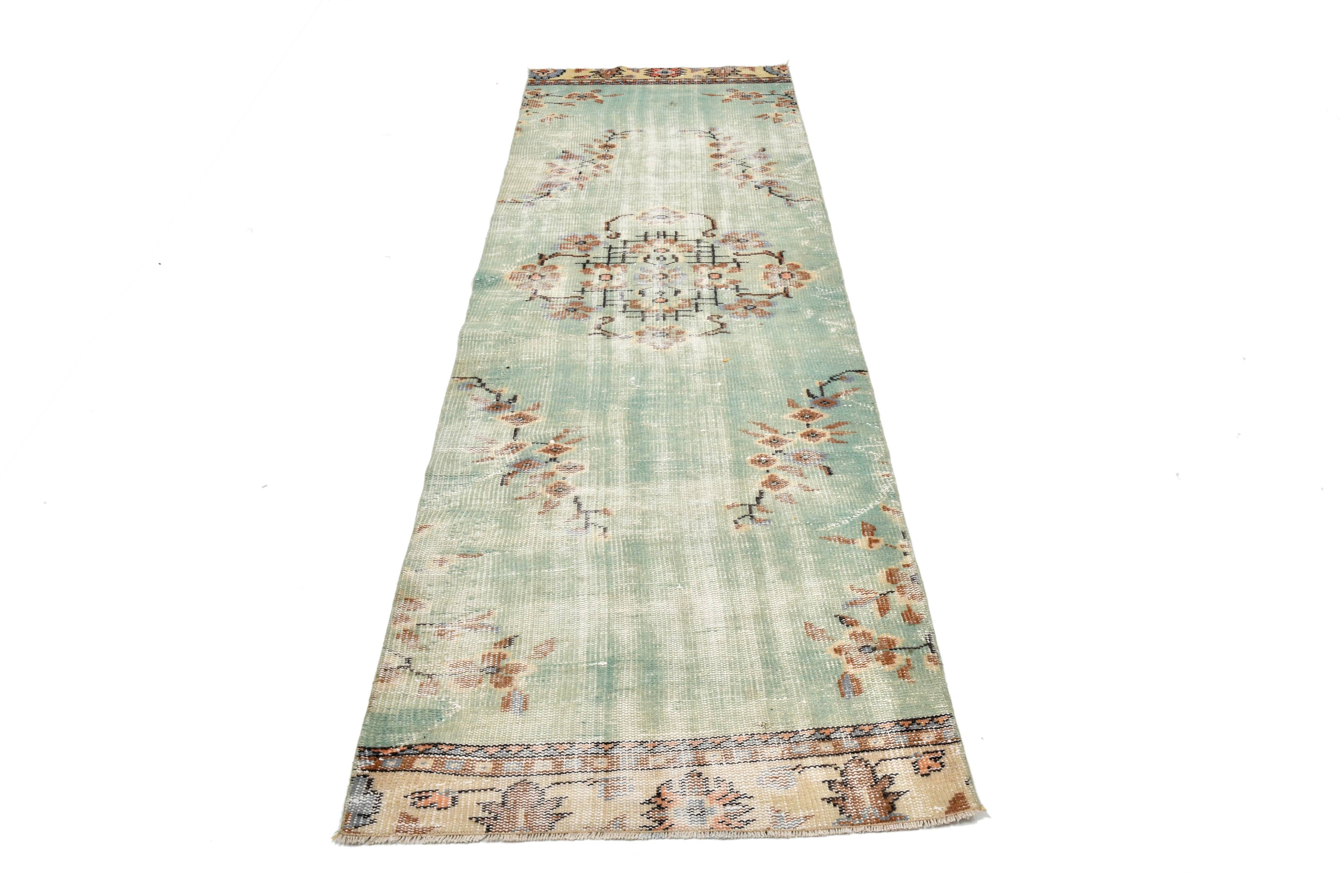 3x9 Light Green Persian Vintage Runner Rug, 81x282Cm