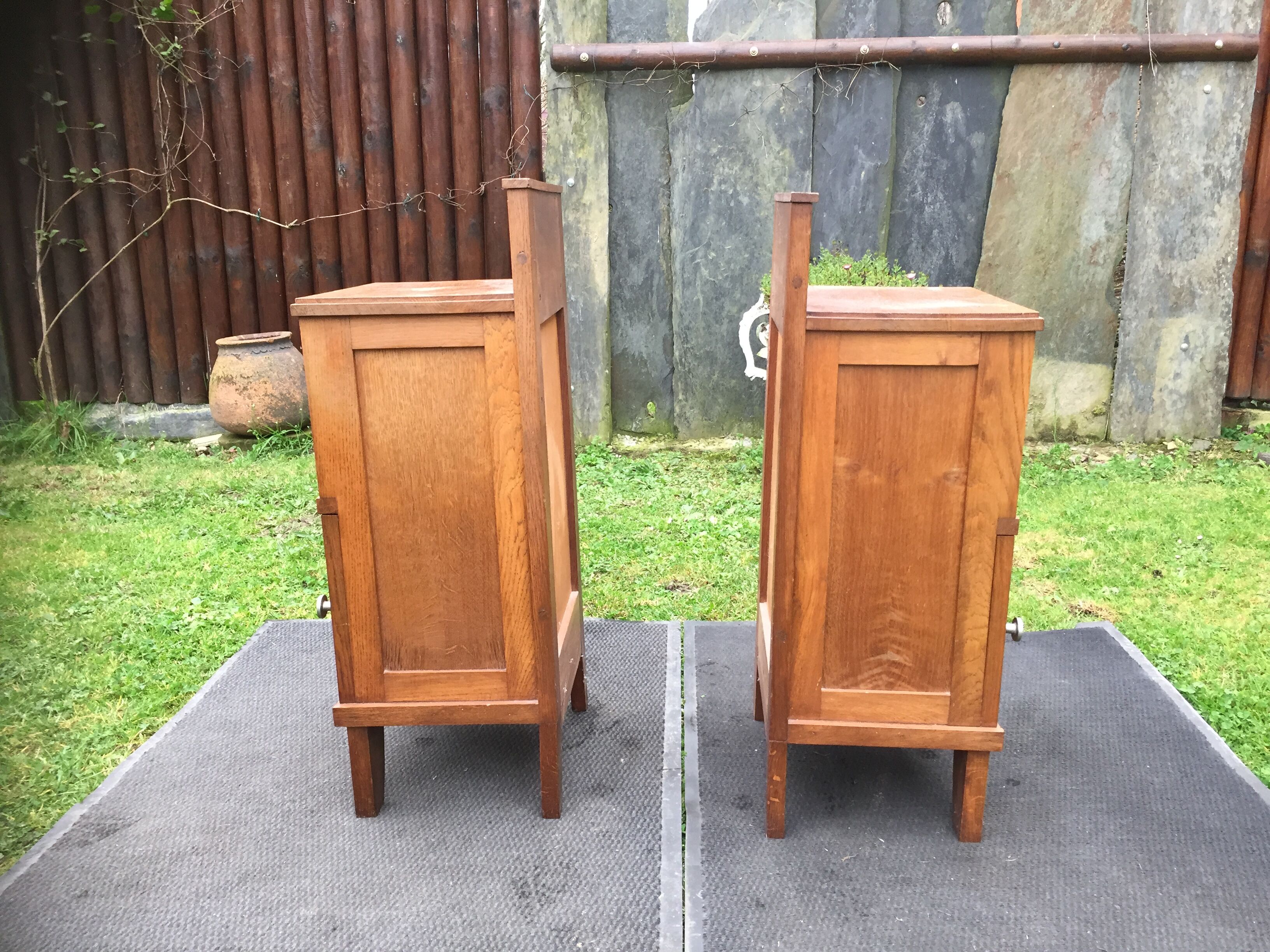 Vintage bedside tables with solid oak compass legs (pair)