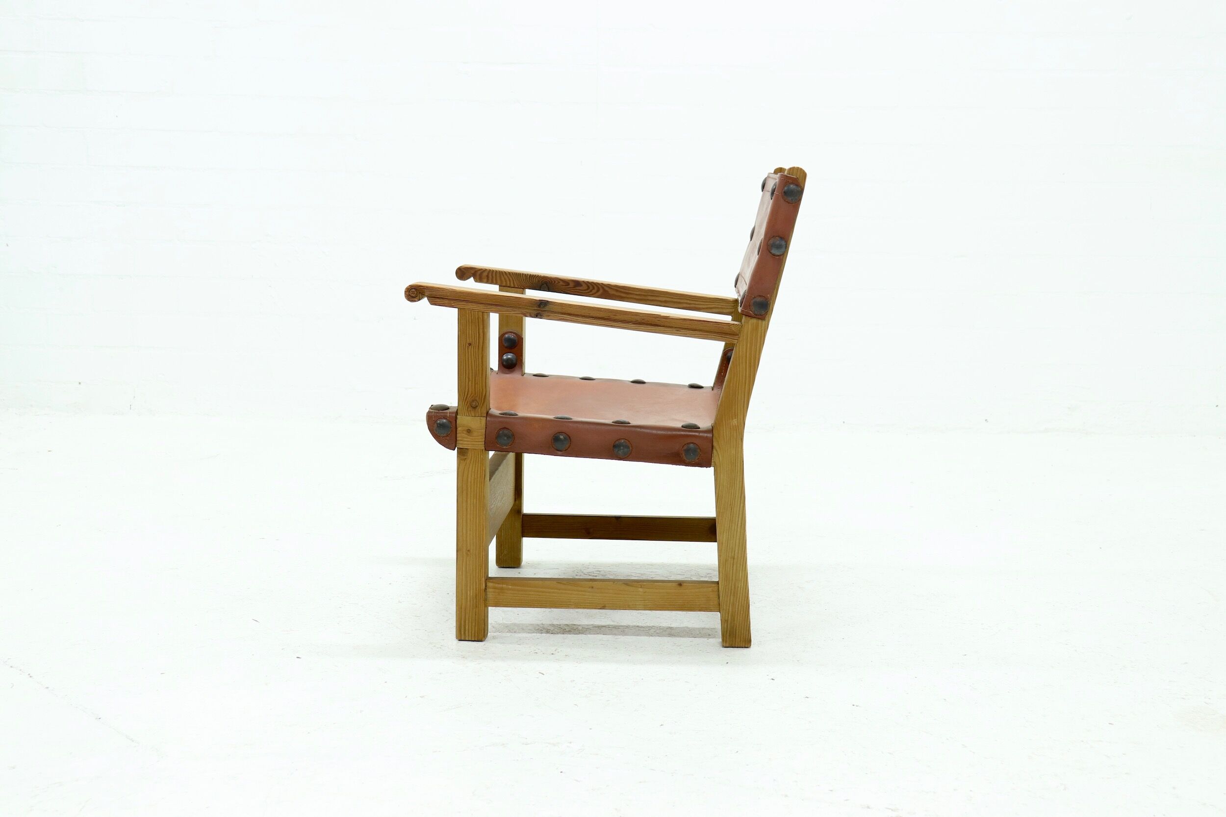 Brutalist Armchair in Pine and Cognac Leather 1960s