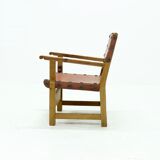 Brutalist Armchair in Pine and Cognac Leather 1960s